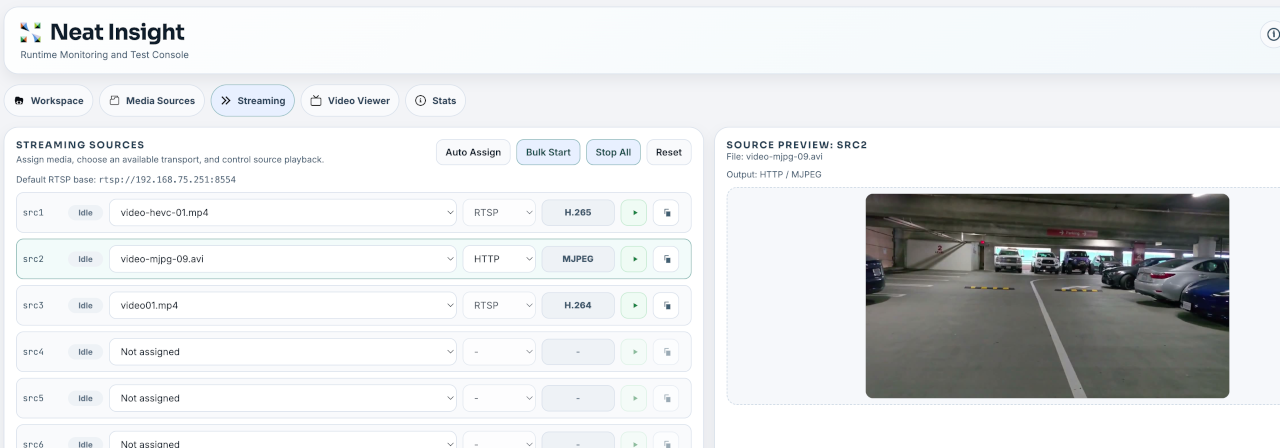 Insight Streaming Sources view showing assigned source slots and source preview.