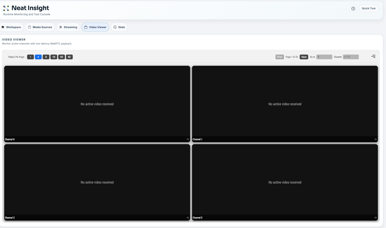 Insight Video Viewer showing a four-channel WebRTC grid.